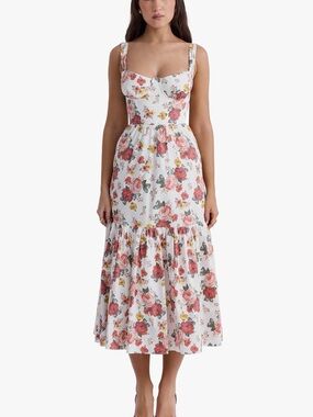 House of CB White Midi Dress with Pink & Red Rose Print